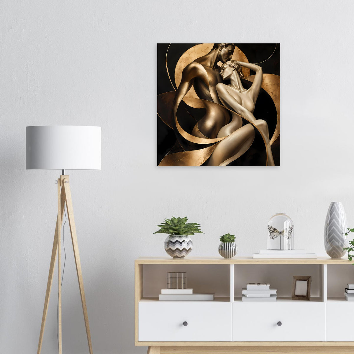 Kunstposter mit gold- und bronzefarbener abstrakter Aktfigur in geschwungenen Formen
