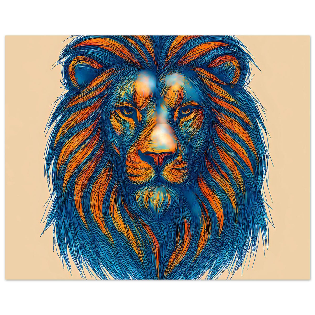 Poster mit Löwenkopf-Illustration in Blau und Orange, mittig, etwas breiterer Zuschnitt