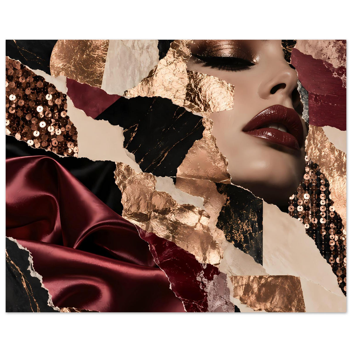 Poster mit Frauenprofil-Collage: bordeauxroter Satin, Goldfolie, schwarze Muster, Paillettenstreifen