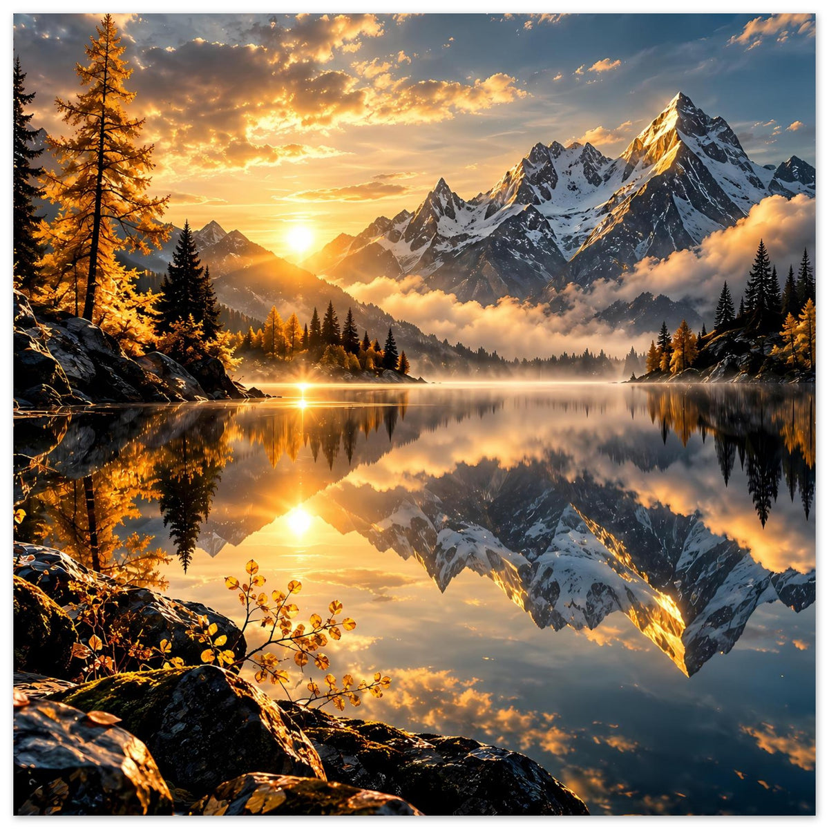 Hochformat-Poster mit goldenem Himmel, Bergsee und spiegelnden Gipfeln
