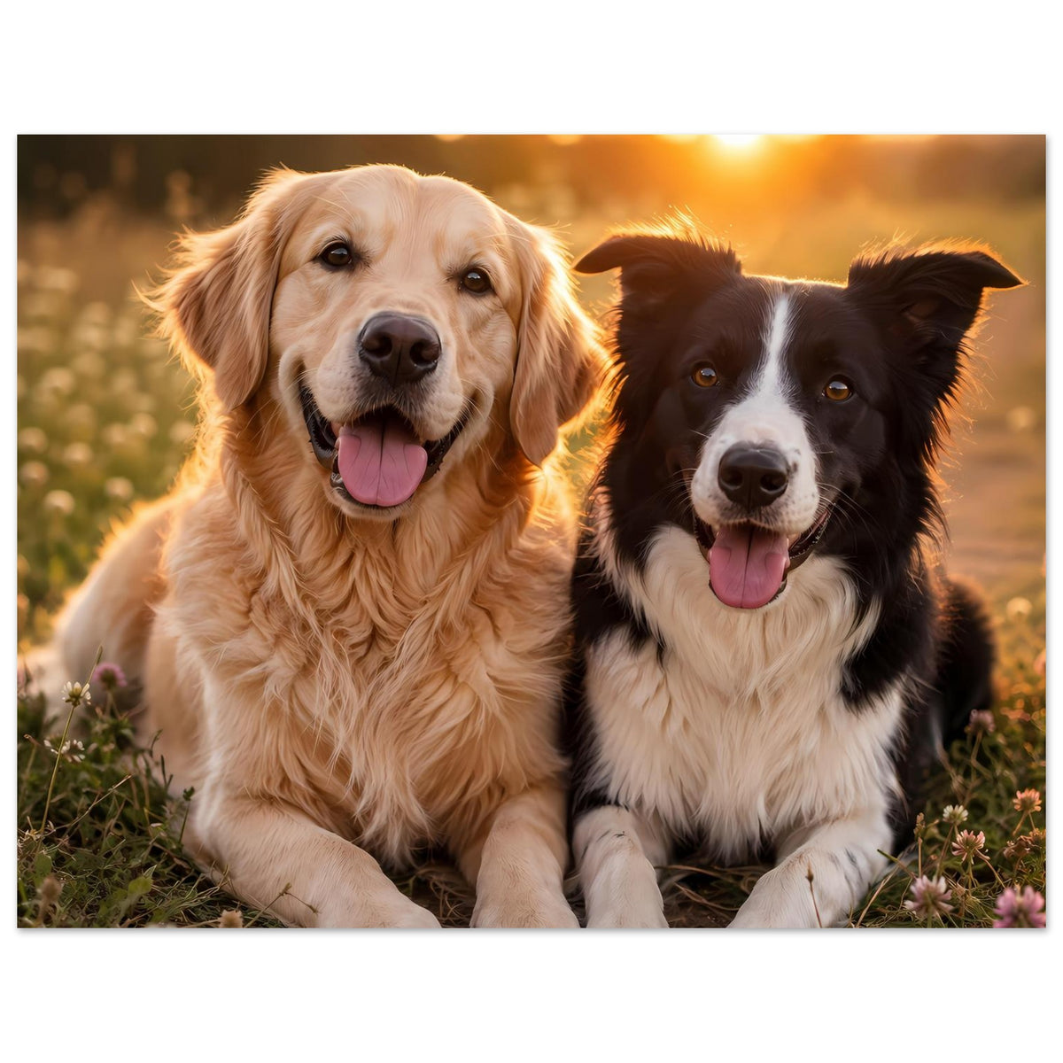 Hochformatiges Hunde-Porträtposter mit Golden Retriever und schwarzem/weißen Hund