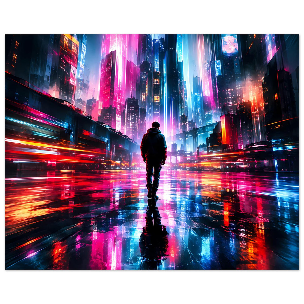 Querformatiges Cyberpunk-Poster mit Silhouette: Neonlichter und Spiegelungen auf der nassen Straße.