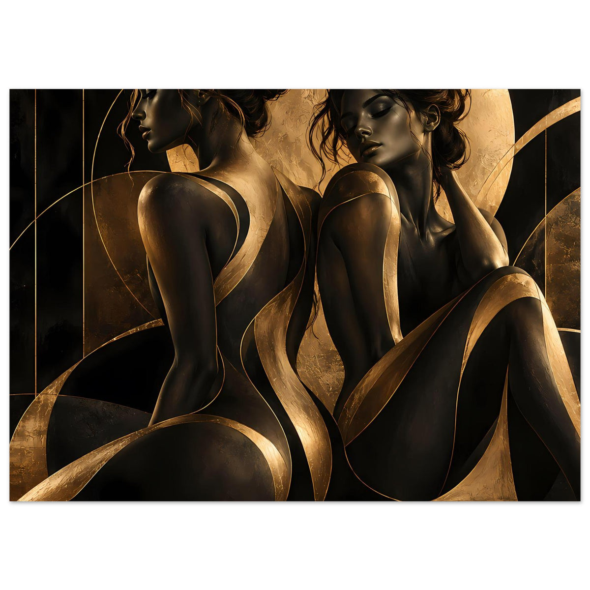 Kunstposter im Querformat: zwei Frauenakt-Silhouetten, schwarz mit goldenen Akzenten