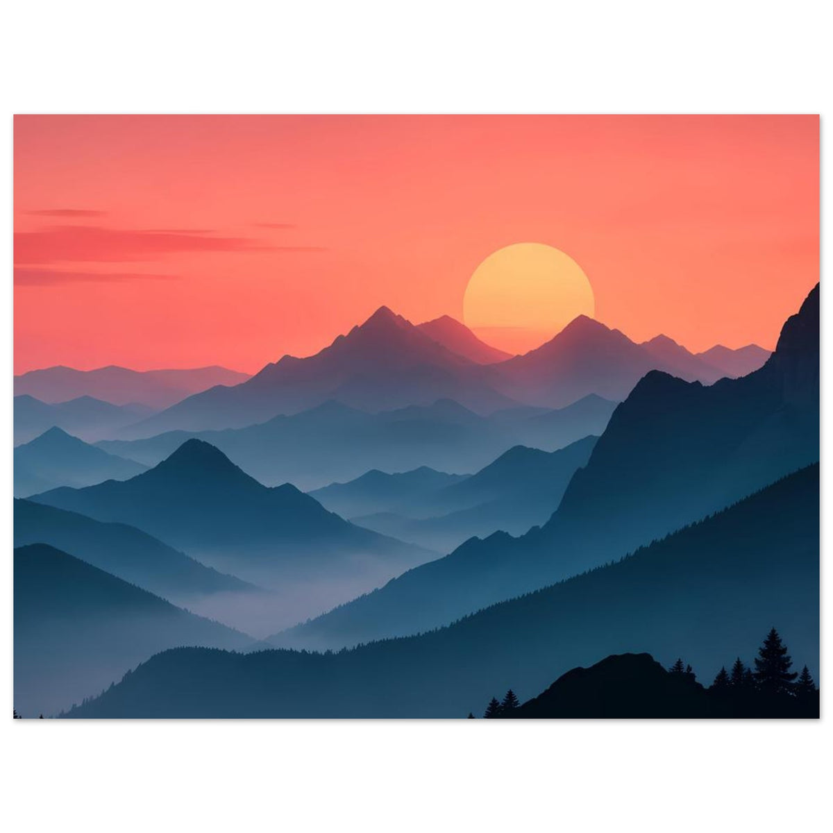 Landschaftsposter mit pastelligem Sonnenuntergang, großer gelber Sonne und blauen Bergsilhouetten