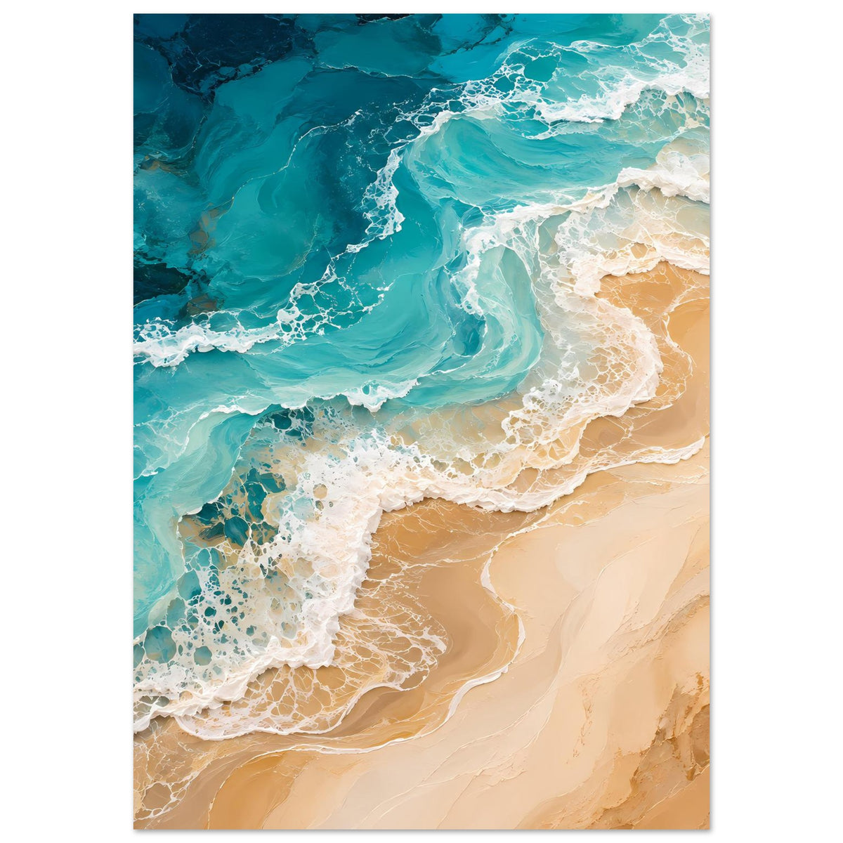 Abstraktes Ozeanposter mit tiefblauem Wasser, beigem Uferbereich und weißen Schaumrollen