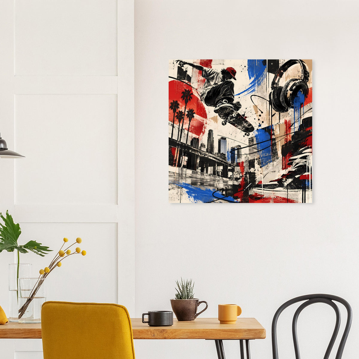 Gerahmtes quadratisches Poster mit Skateboard-Illustration und Pinselstrichen in Rot, Blau und Schwarz.