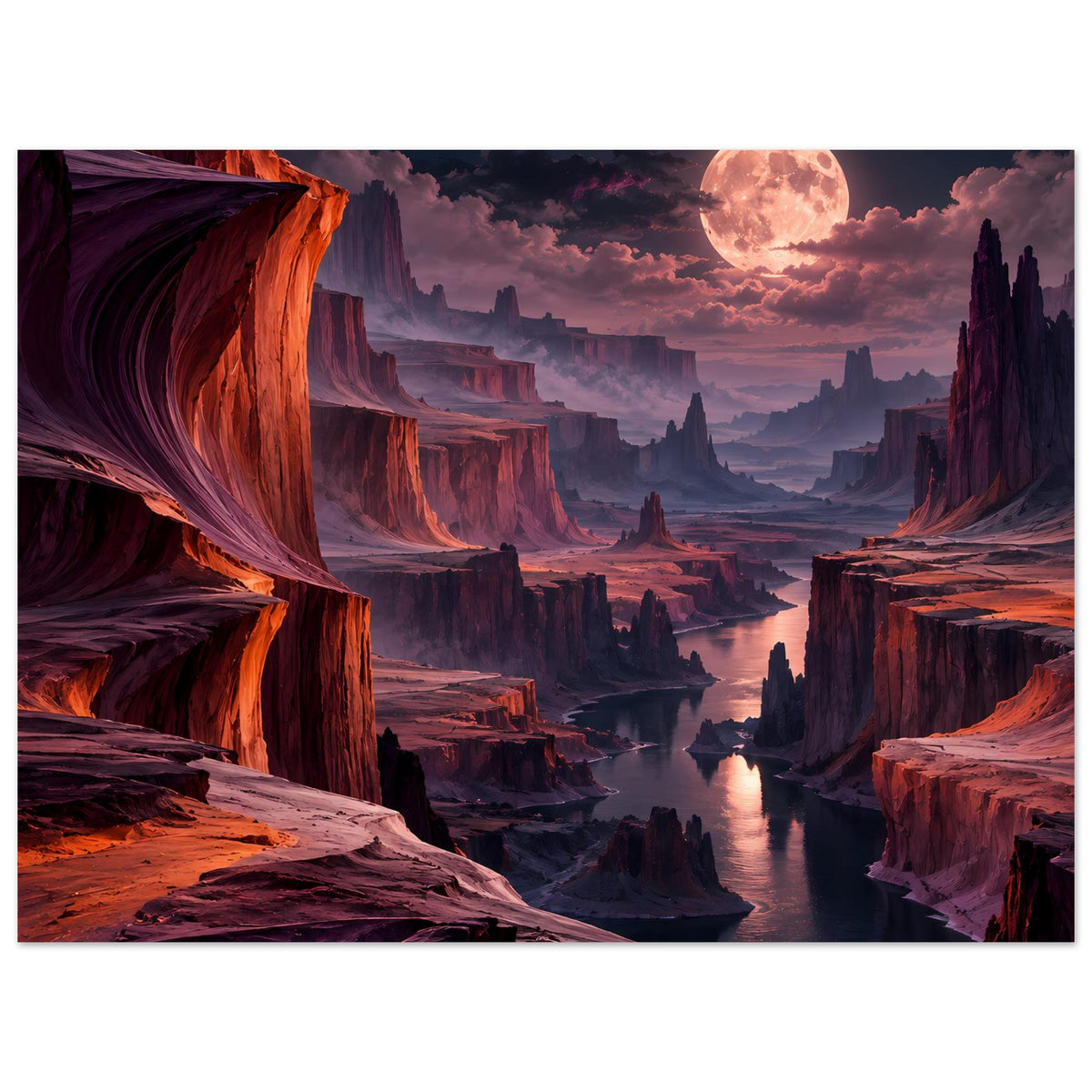 Breites Landschaftsposter mit Mond über Canyon, Fluss und hohen Felswänden in warmen Rottönen