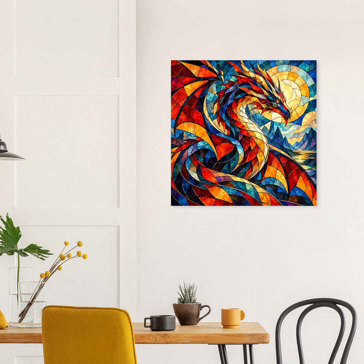 Quadratisches Drachen-Glasmalerei-Poster mit bunten Mosaiklinien und Drachenform