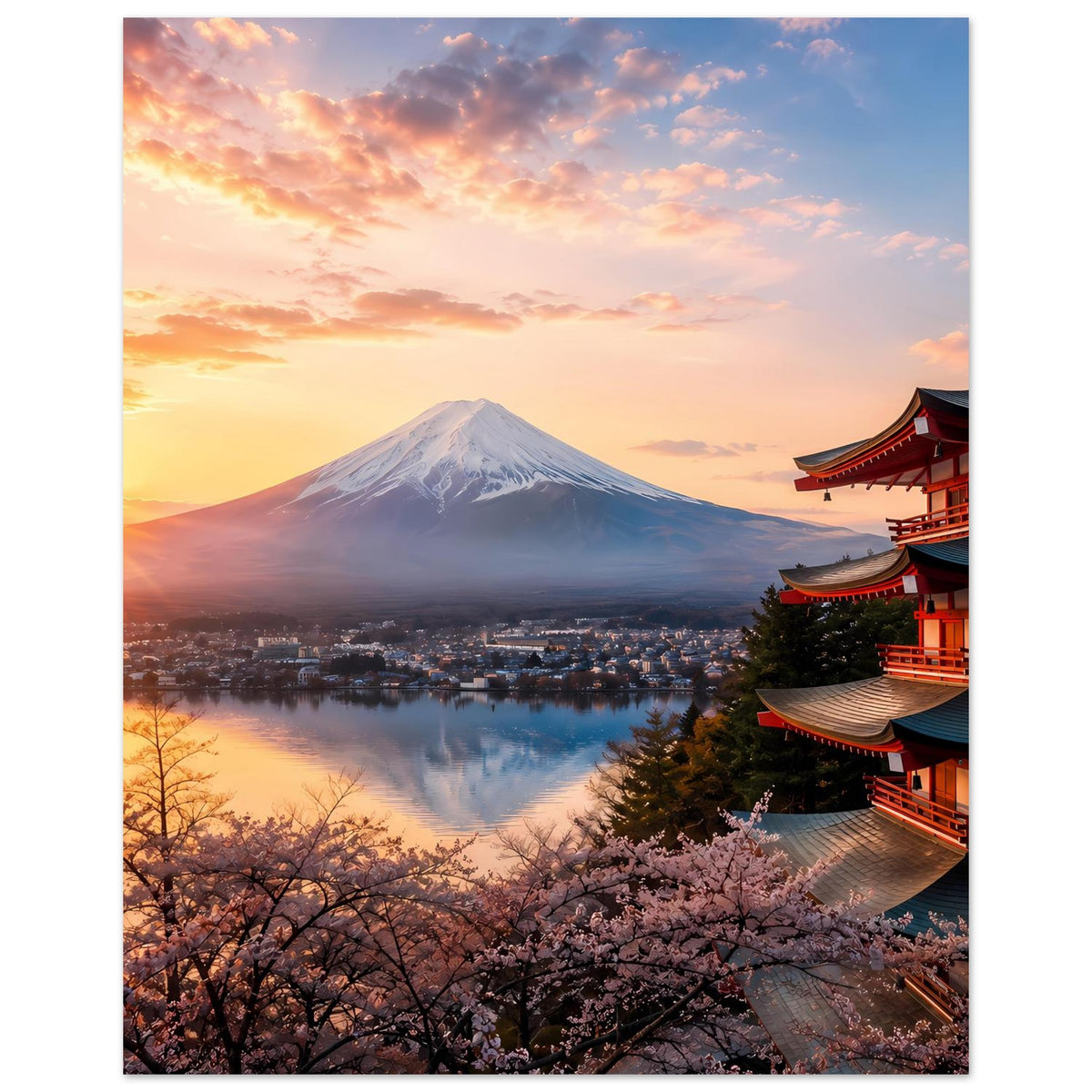 Japanisches Landschaftsposter mit Fuji, Kirschblüten unten und Tempel rechts am Abendhimmel
