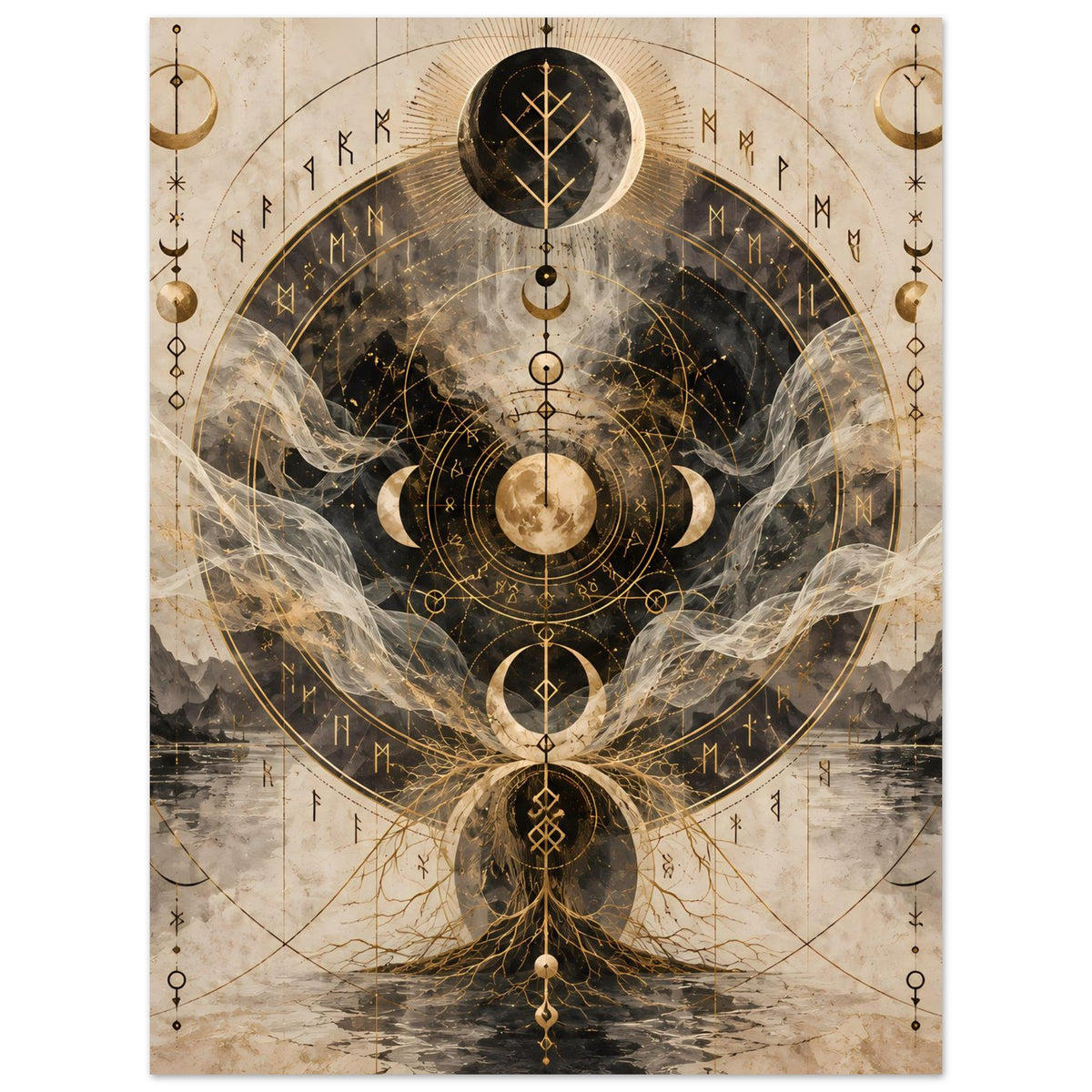 Poster mit Kreisdiagramm, goldenen Details und zentraler Mondkugel auf beigem Hintergrund