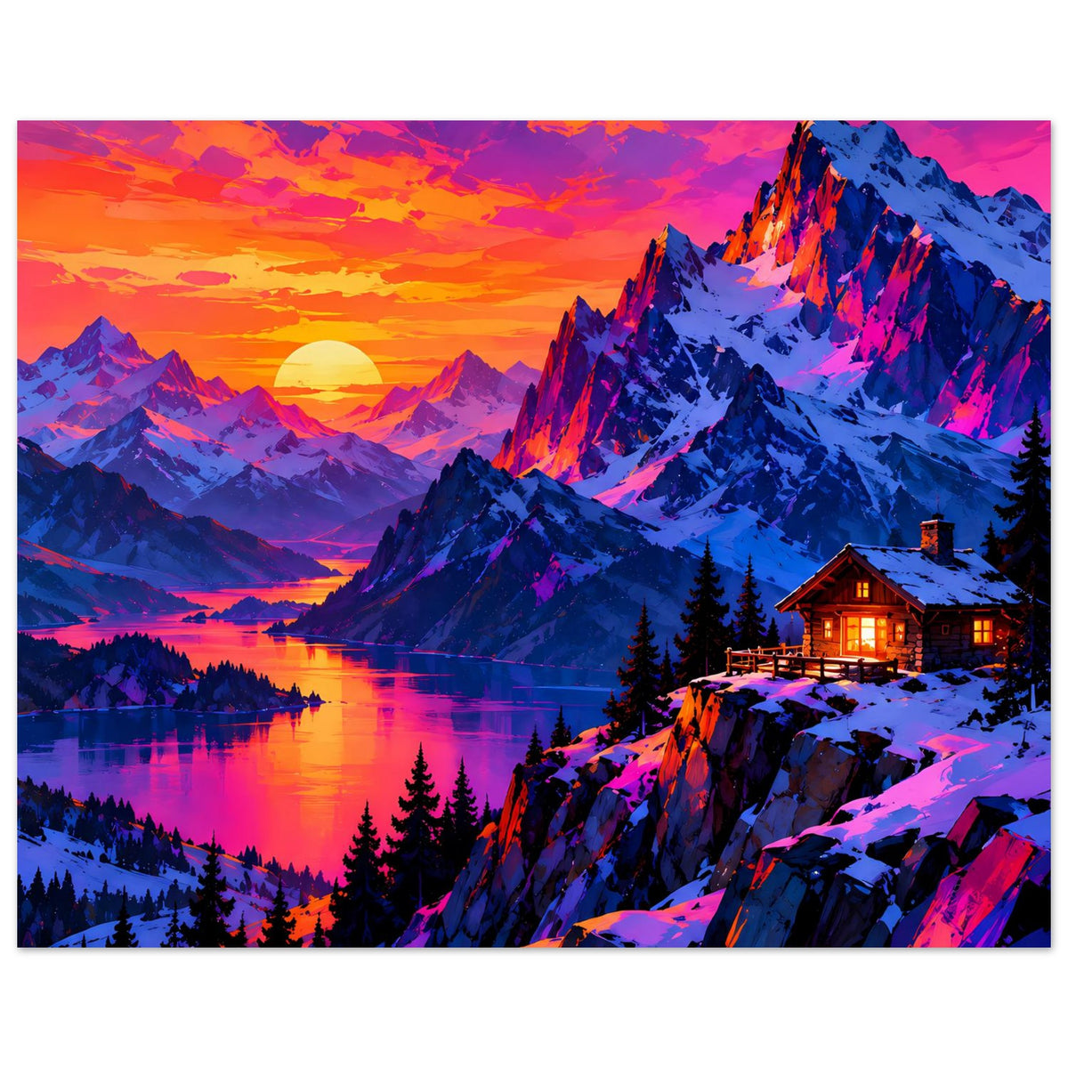 Querformat-Poster mit sonnigem Himmel, schneebedeckten Bergen und Chalet am Seeufer