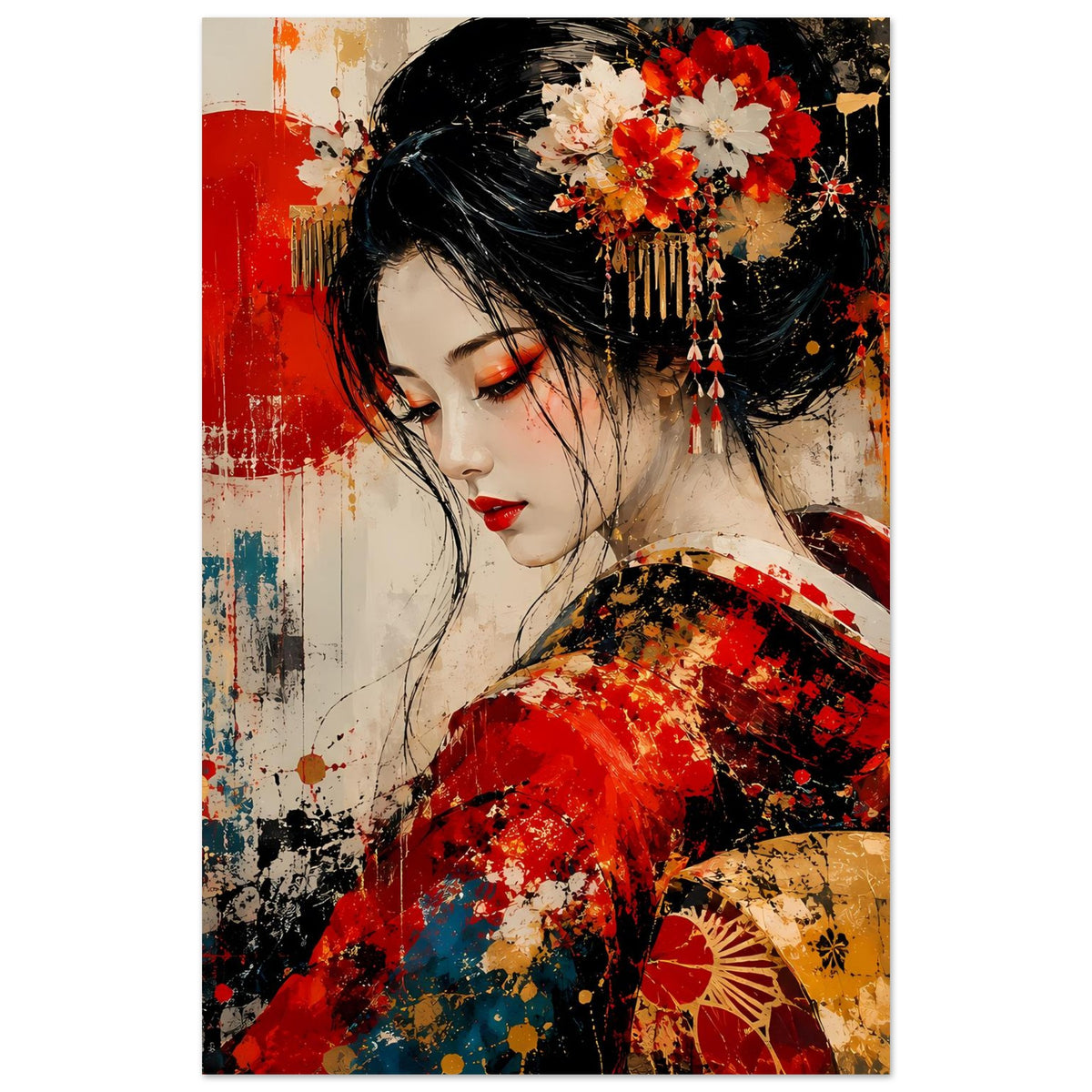 Poster im Hochformat: Geisha im roten Kimono, Blumen im Haarschmuck, schwarzes Haar