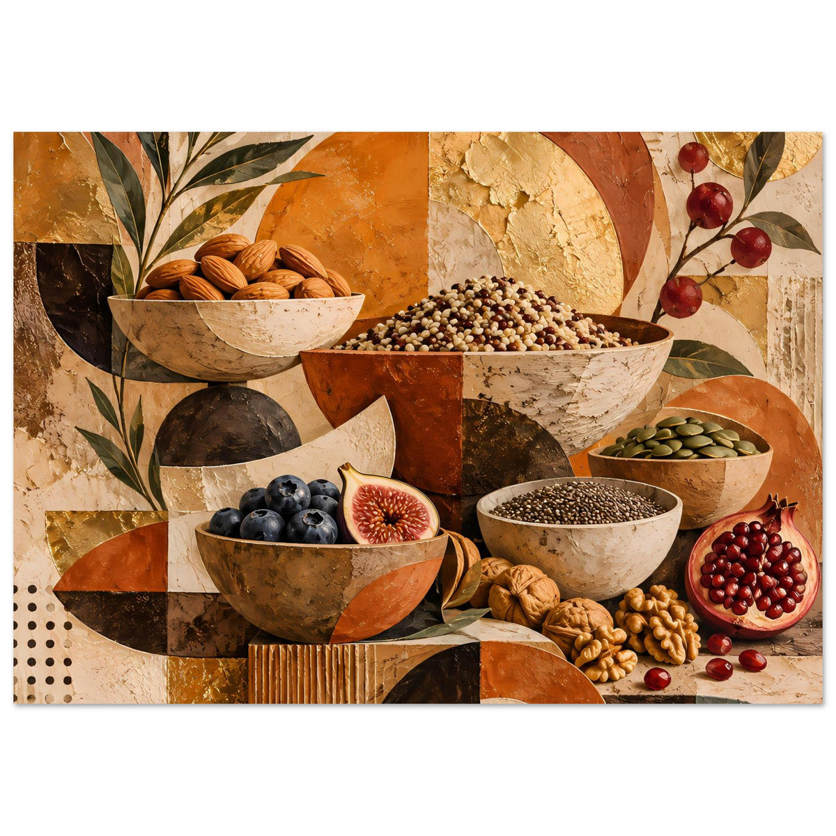 Rustikales Poster mit Stillleben: Schalen mit Nüssen und Beeren, warmen Erdtönen
