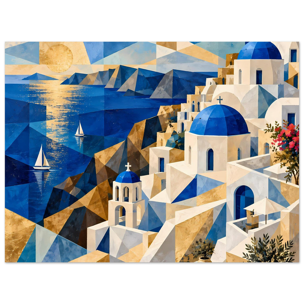 Geometrisches Poster: blau-goldener Himmel über weißen Häusern mit blauen Kuppeln und Blumen