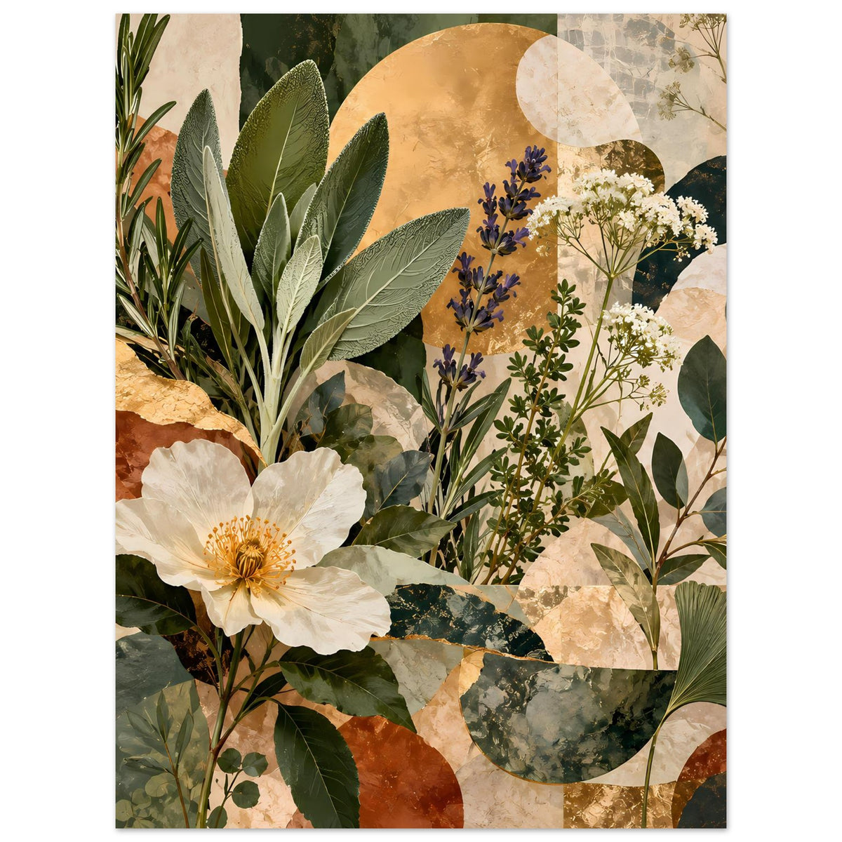 Botanisches Poster im Hochformat mit weißer Blüte links, blauem Lavendel und grünen Zweigen