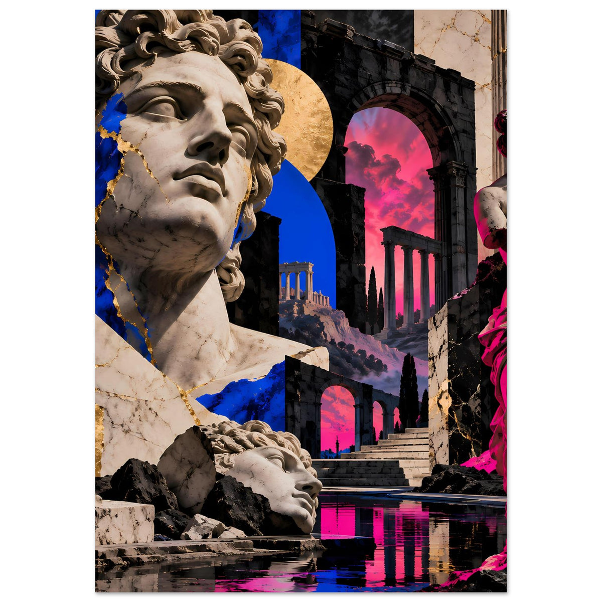 Kunstposter mit Marmorstatue links und rechter Teilfigur, violett-pinkem Bogen im Hintergrund.