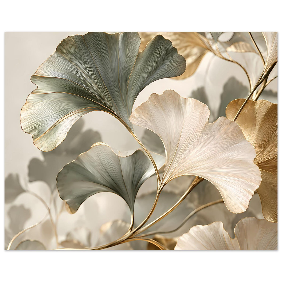 Ginkgo-Blätter Poster mit gedämpften Grün- und Weißtönen und goldenen Linien.