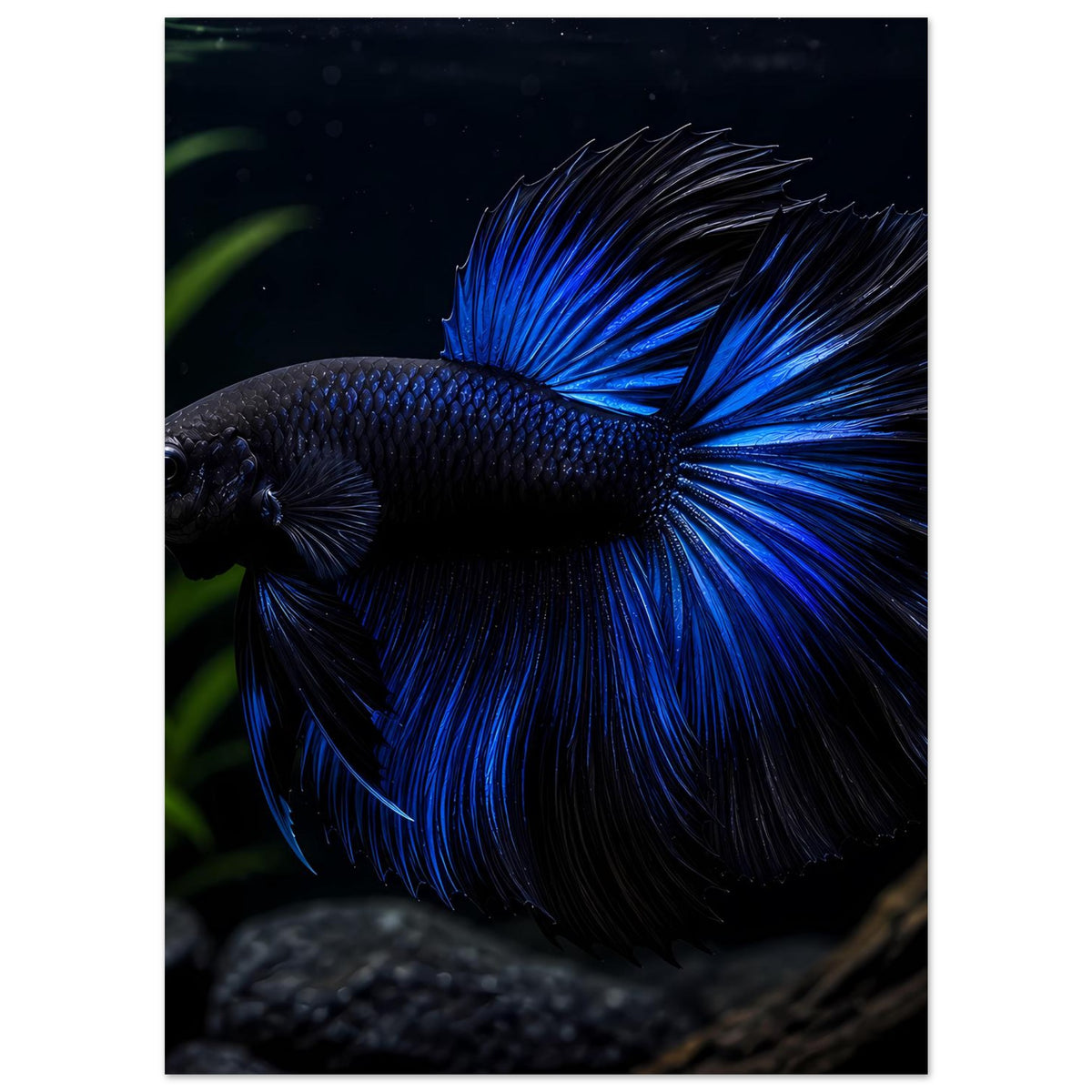 Poster mit blauem Betta-Fisch, konzentriert auf Körper und strahlende Flossen