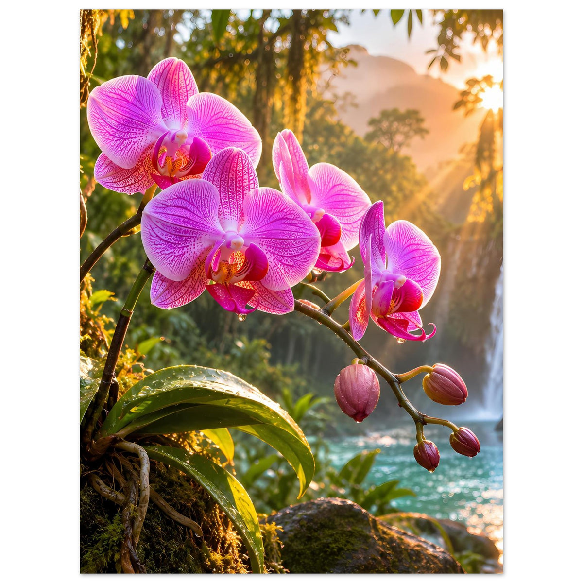 Poster im Hochformat mit pinken Orchideenblüten und Knospen an einem Ast, Naturmotiv
