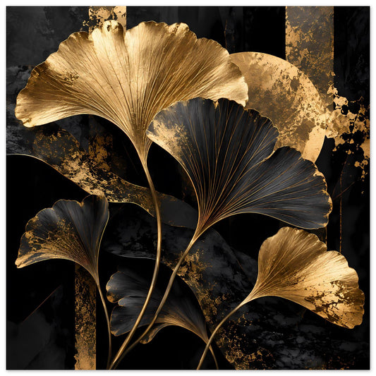 Botanisches Poster mit goldenen und schwarzen Ginkgo-Blättern auf dunklem Hintergrund, gerahmt