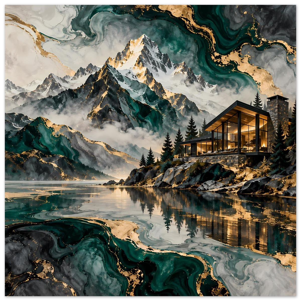 Poster im Hochformat: Bergtal mit See, grüne Marmorstrukturen, goldene Akzente und Hütte