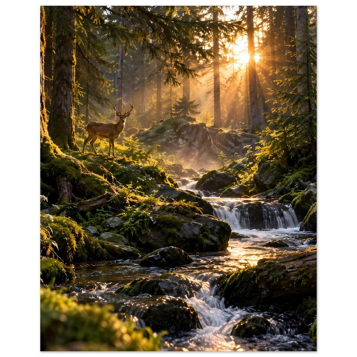 Vertikales Wandposter mit Hirsch im Wald und Bachläufen mit Wasserfall im Sonnenlicht
