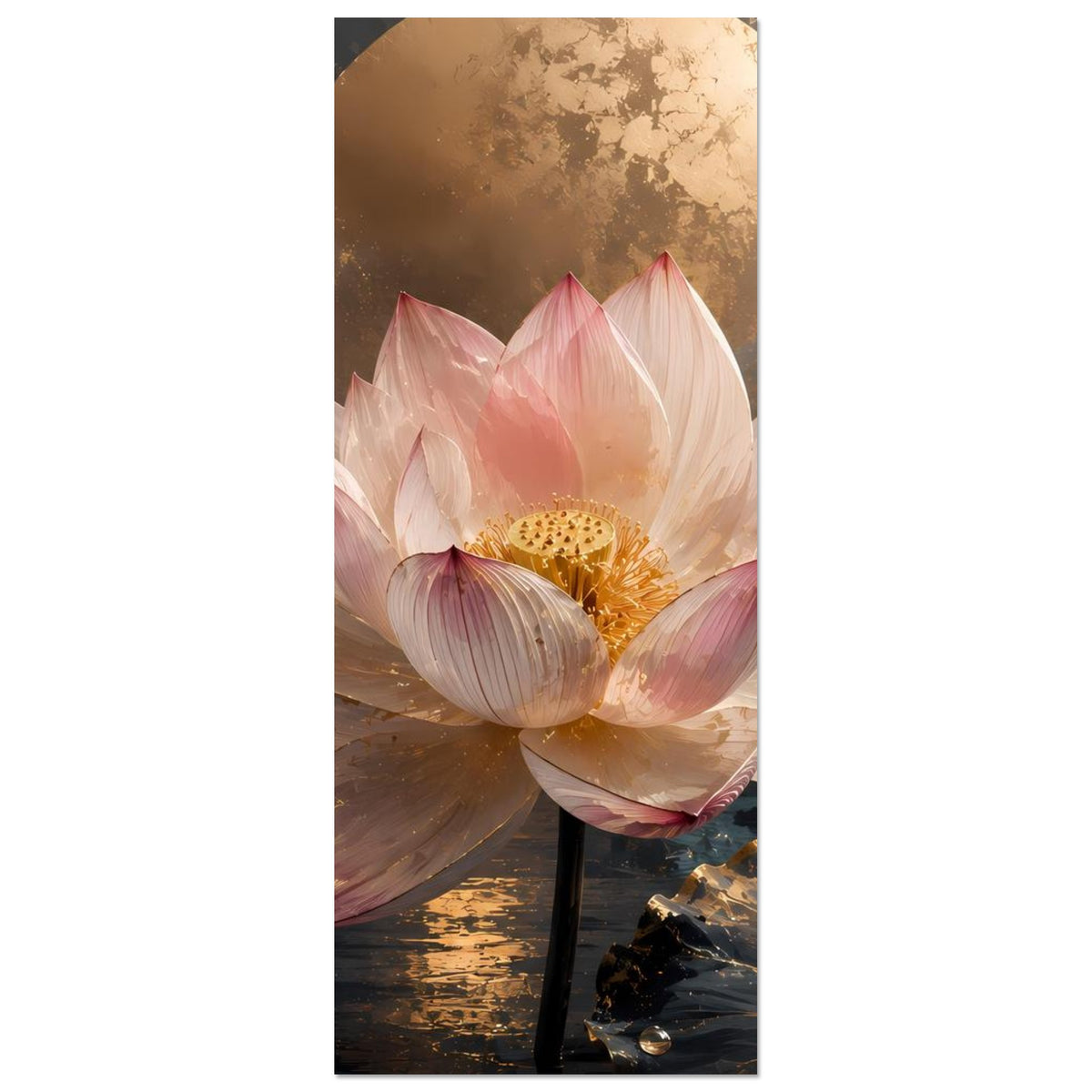Vertikales Poster mit rosa Lotusblüte und goldener Mitte, konzentriert auf die Blüte