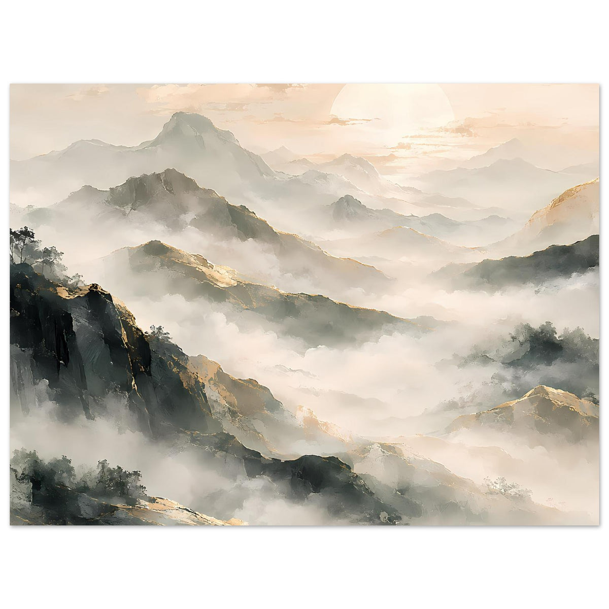 Horizontales Poster mit nebligem Bergtal, goldenen Akzenten und großer Sonne am Horizont