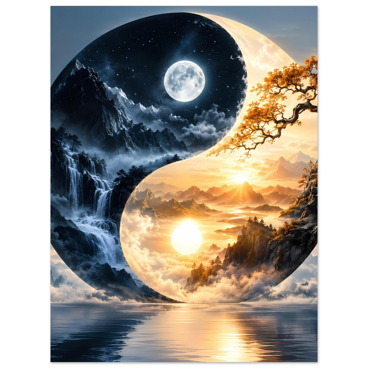 Yin-Yang-Landschaftsposter: dunkle Berglandschaft mit Mond, helle Landschaft mit Sonnenkreis und Baum