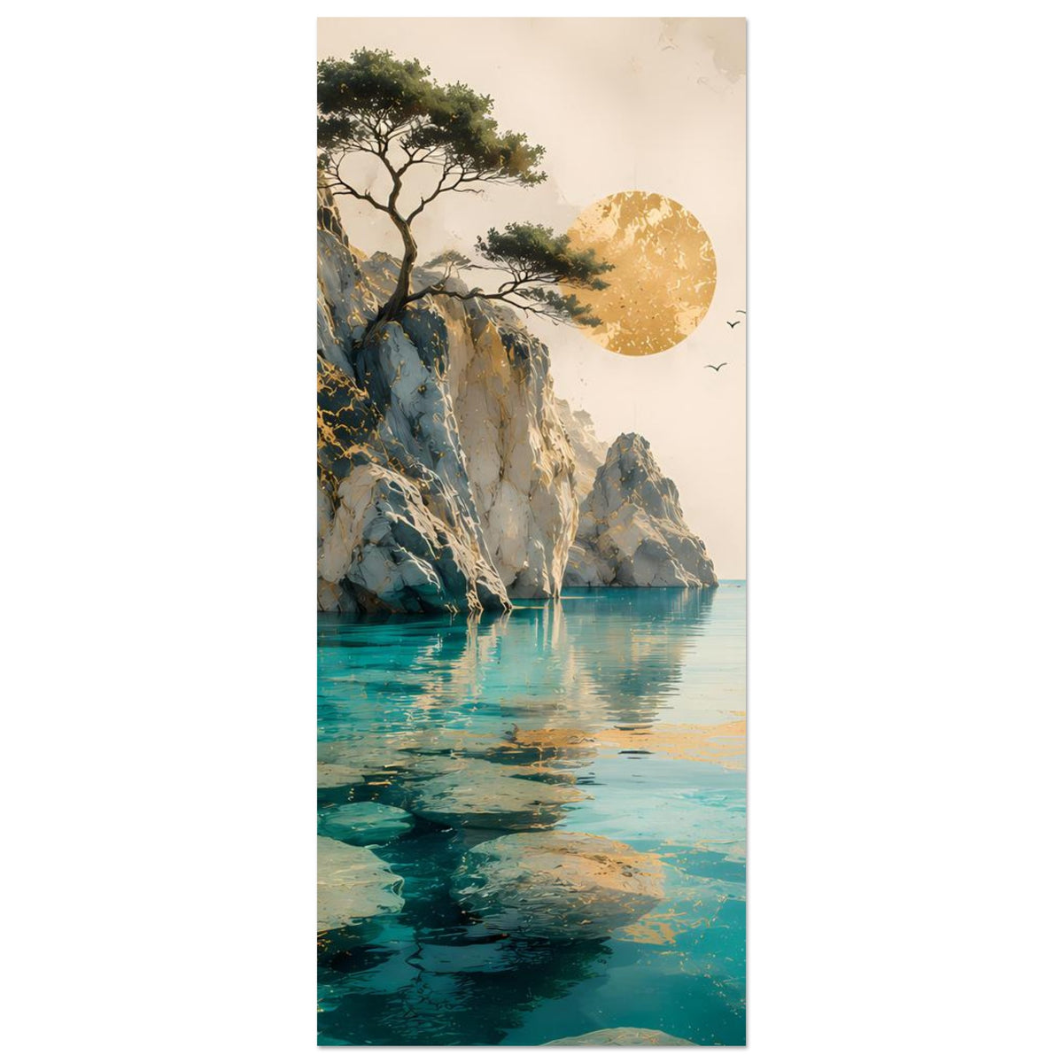 Vertikales Landschaftsposter mit Küstenfelsen, türkisfarbenem Wasser und gelbem Sonnenball