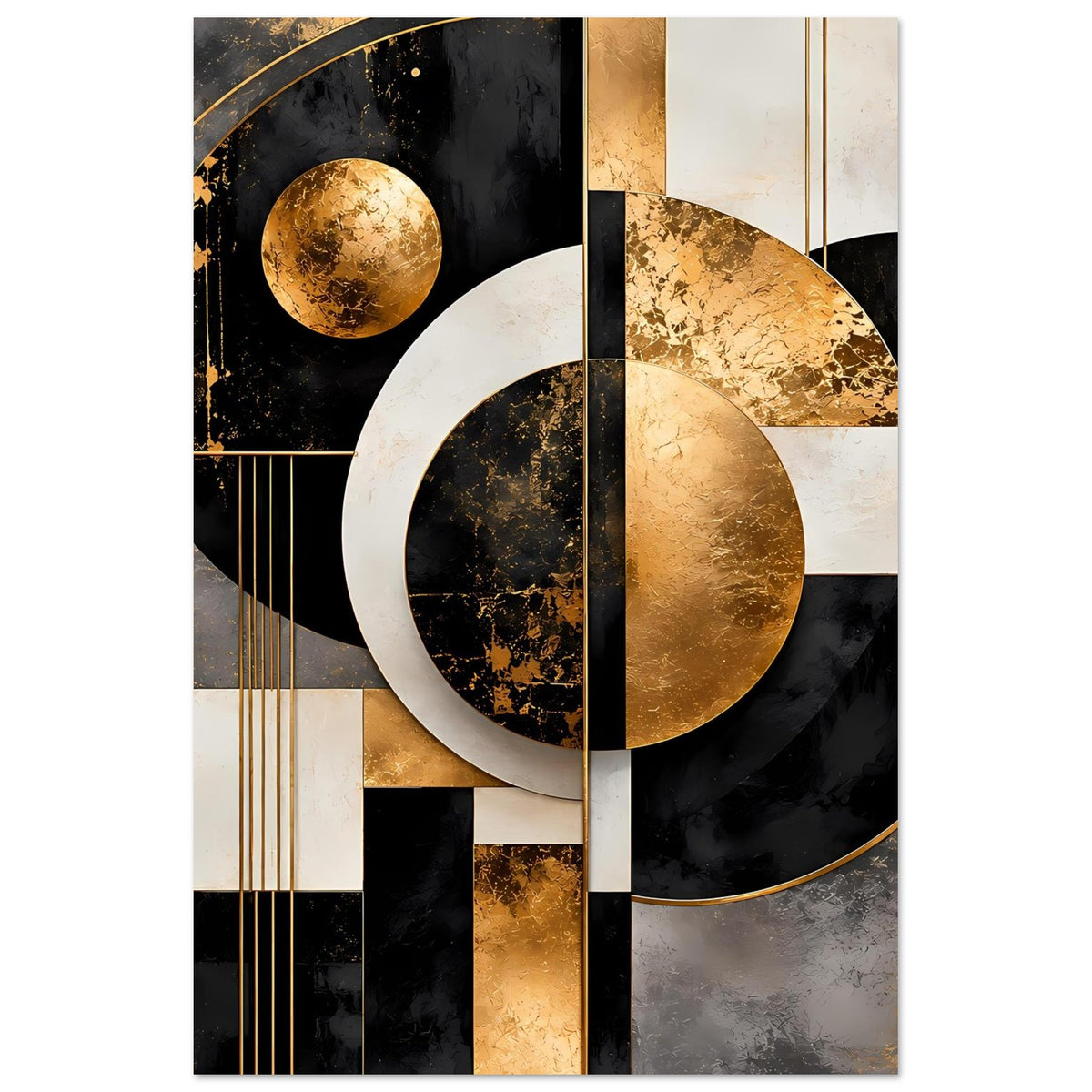 Poster mit goldenen geometrischen Kreisen und Kugel, in Schwarz und Creme, im Querformat