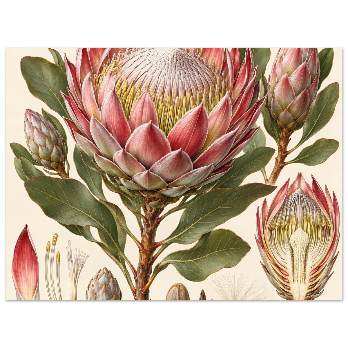 Blumenposter mit großem Protea-Kopf und Blattwerk, auf mattem Papier gedruckt