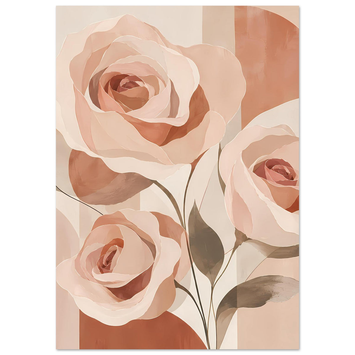 Florales Poster mit Rosenblüten in Rosa und Pfirsich, umrahmt von beigen Farbflächen