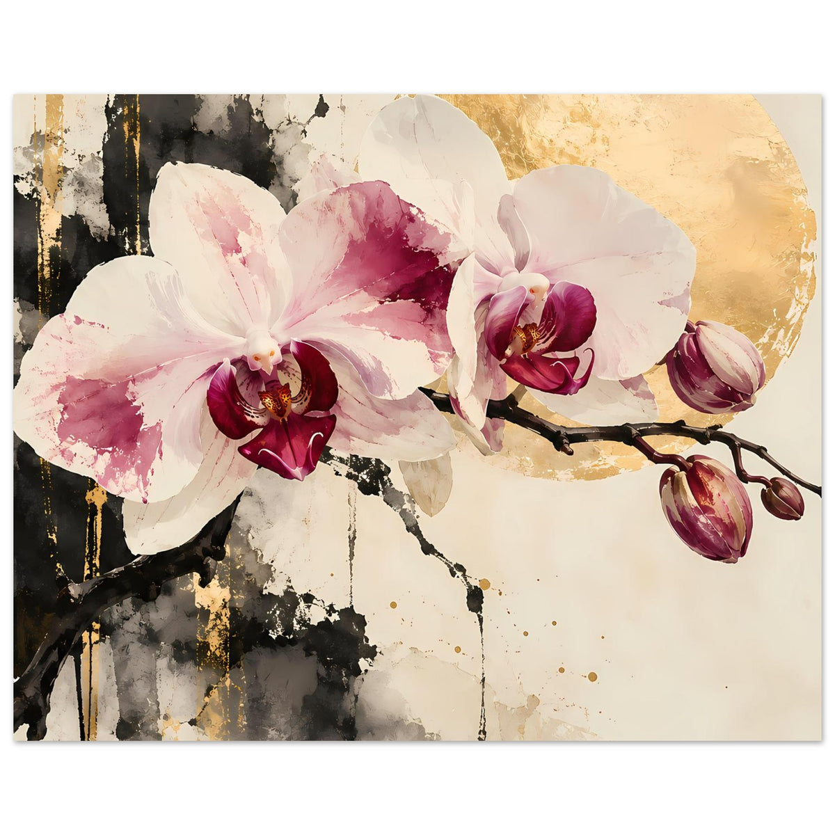 Orchideenblüten-Poster mit weißen, rosa und bordeauxfarbenen Blüten sowie dunklen Ranken