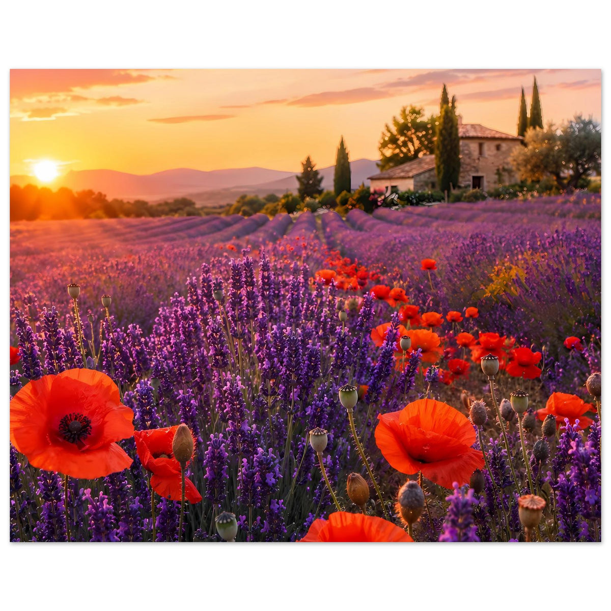 Querformat-Poster mit violettem Lavendelfeld, roten Mohnblumen und Sonnenaufgang links