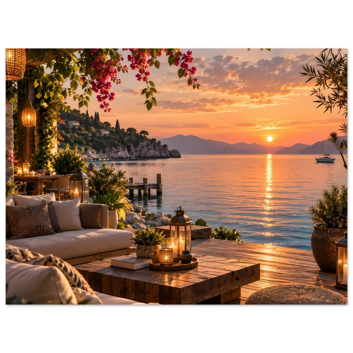 Horizontales Küsten-Terrassenposter mit Sofa, Holztisch, Laternen und Bougainvillea