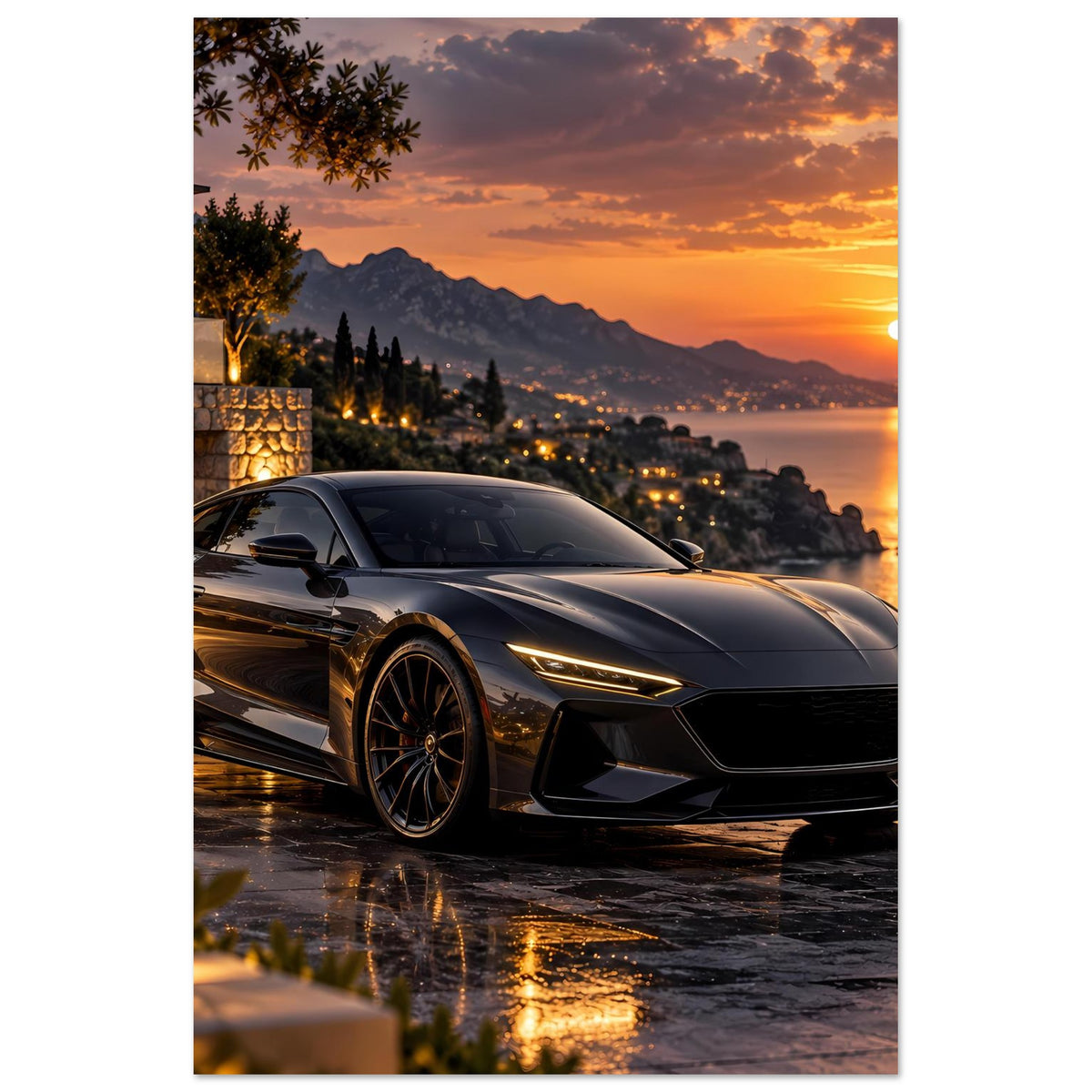 Poster mit Sportwagen bei Sonnenuntergang, schwarzer Wagen mit gelben Lichtakzenten, vertikal
