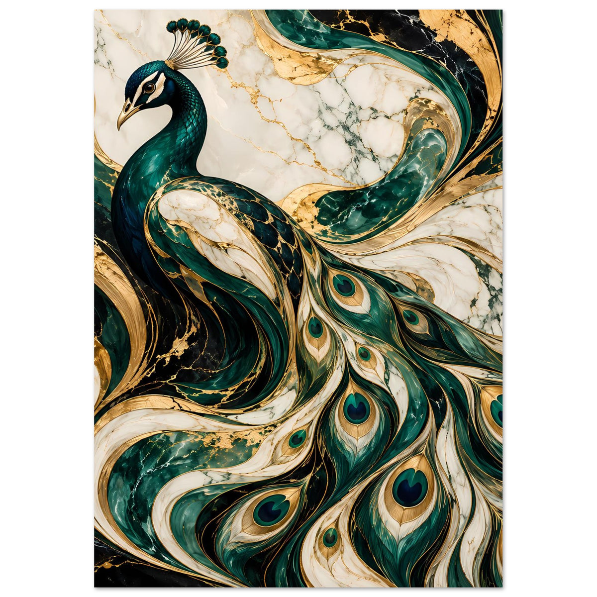 Poster mit Pfau-Motiv in Smaragdgrün und Gold, volle Federn und goldene Wirbellinien