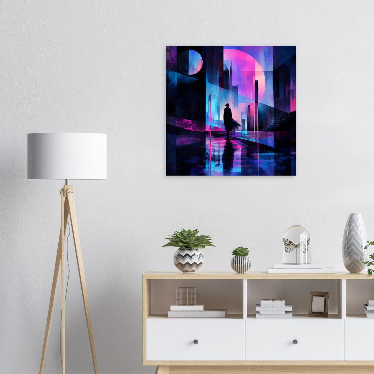 Quadratisches Poster mit futuristischer Neon-Nachtlandschaft, Silhouette und Reflexion