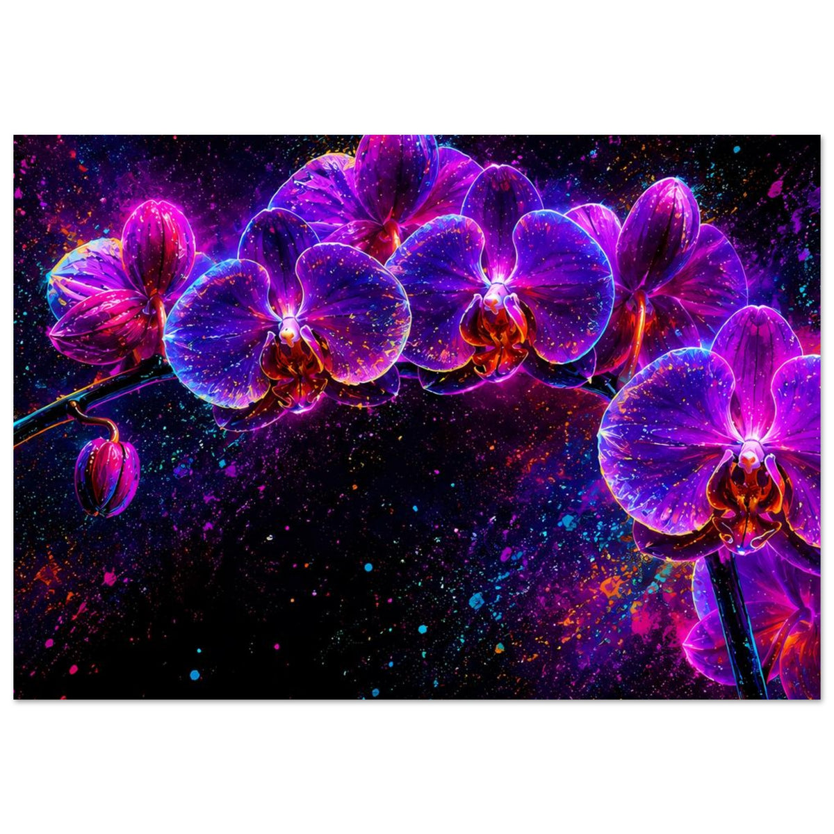 Neon-Orchideen-Poster im Querformat mit leuchtenden Blüten, dunklem Sternsprenkel-Hintergrund