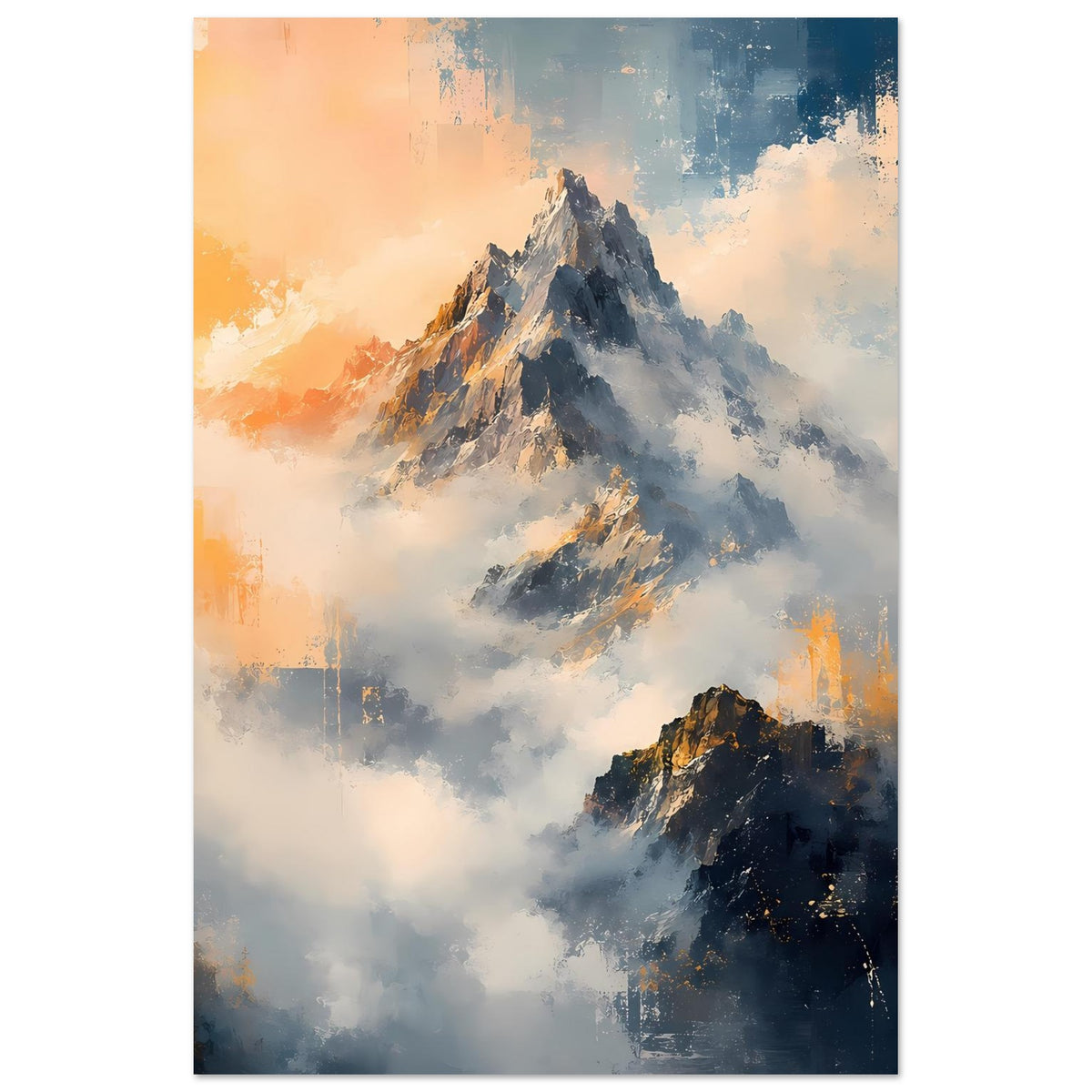 Vertikales Poster mit zentralem Berggipfel, orange-blauem Sonnenaufgang und türkisfarbenen Wolken