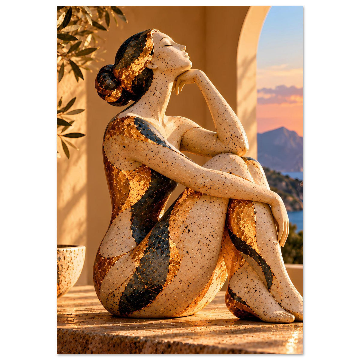 Poster: sitzende Frauenskulptur, gold-braunes Muster, Gebirge und Meer im Hintergrund