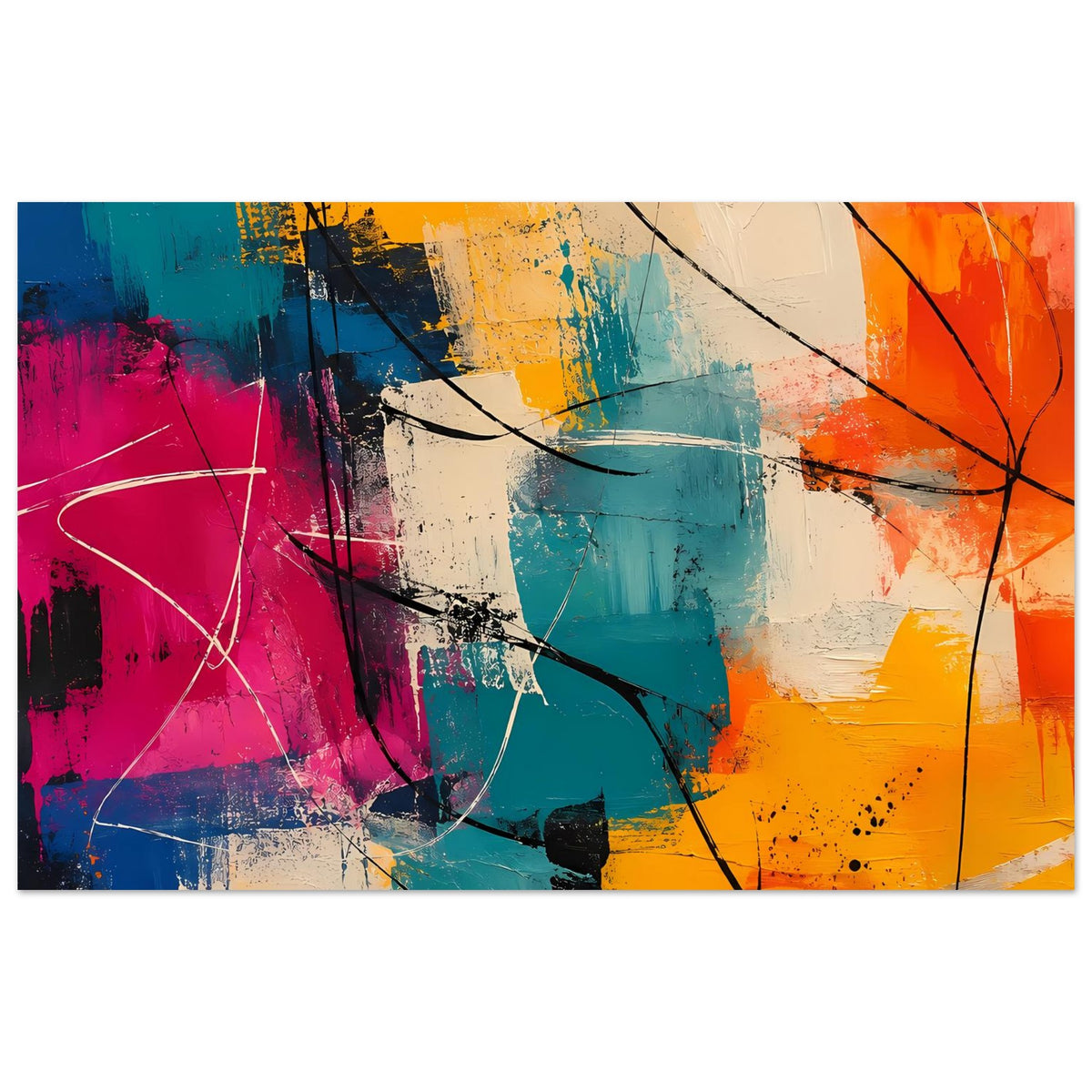 Abstrakter Kunstdruck im Querformat, großflächige Farbbereiche in Pink, Blau, Gelb und Orange