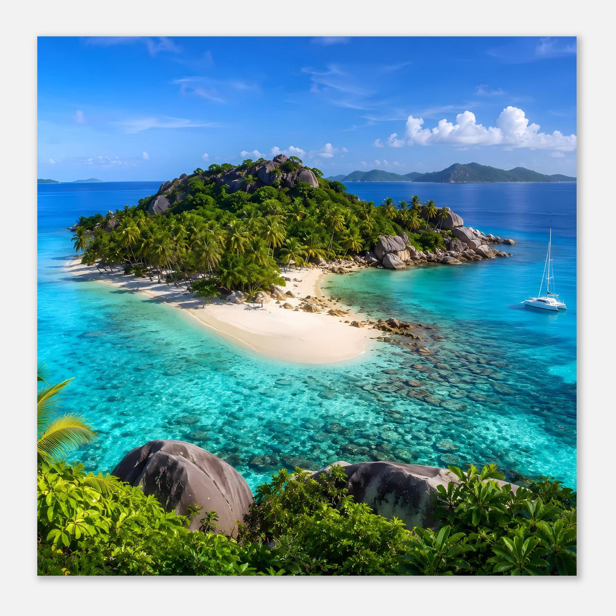 Tropeninsel-Strand Poster im Querformat mit Palmen, Sandstrand und klarem Meer