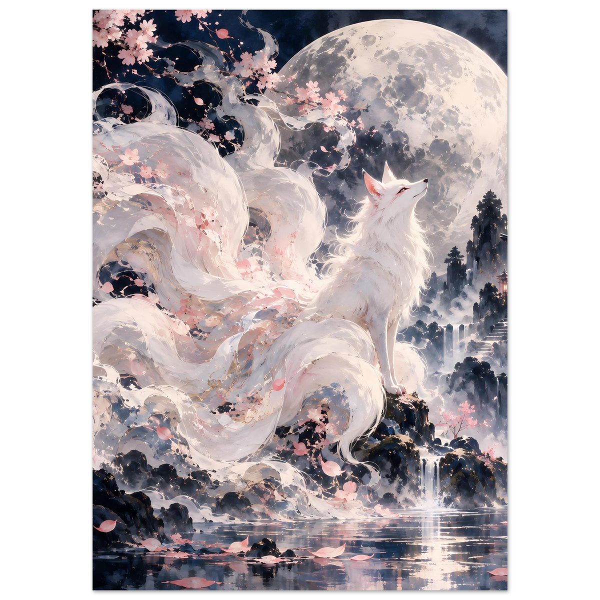 Fantasy-Poster im Hochformat: weißer Fuchs, Vollmond und Kirschblüten über Wasser