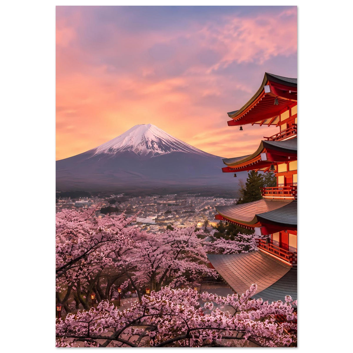 Poster mit Fuji-Vulkan und roter Pagode rechts, Kirschblüten davor