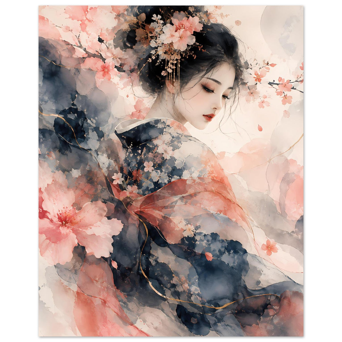 Poster im Hochformat mit Aquarellmotiv: Frauengesicht, Kirschblüten und blaue florale Akzente