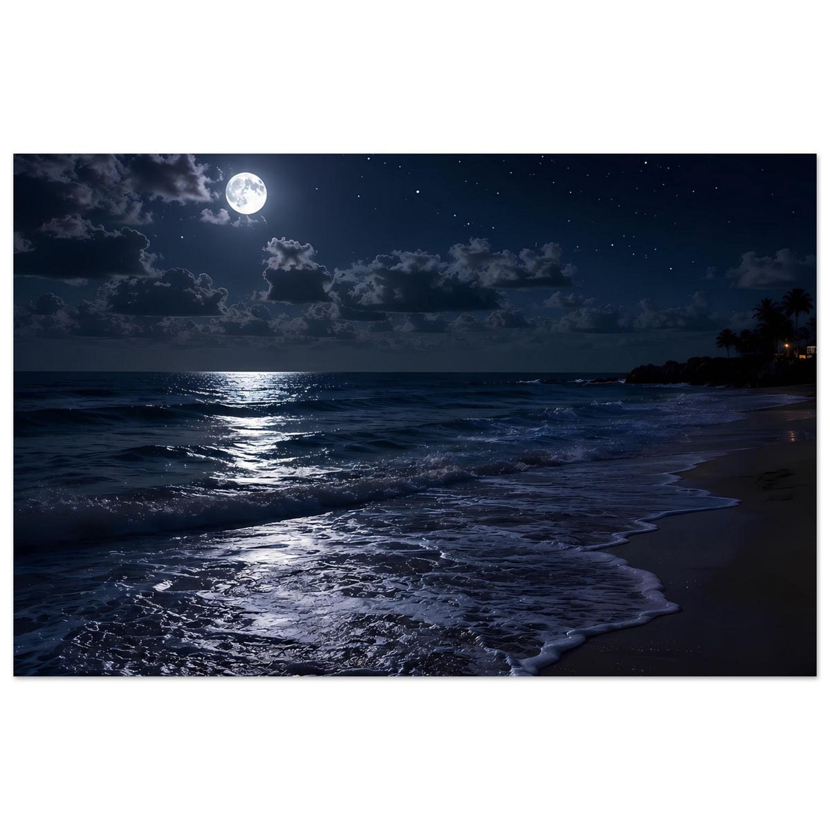 Horizontales Strandposter mit Vollmond, Sternenhimmel und reflektierender Wellenlinie