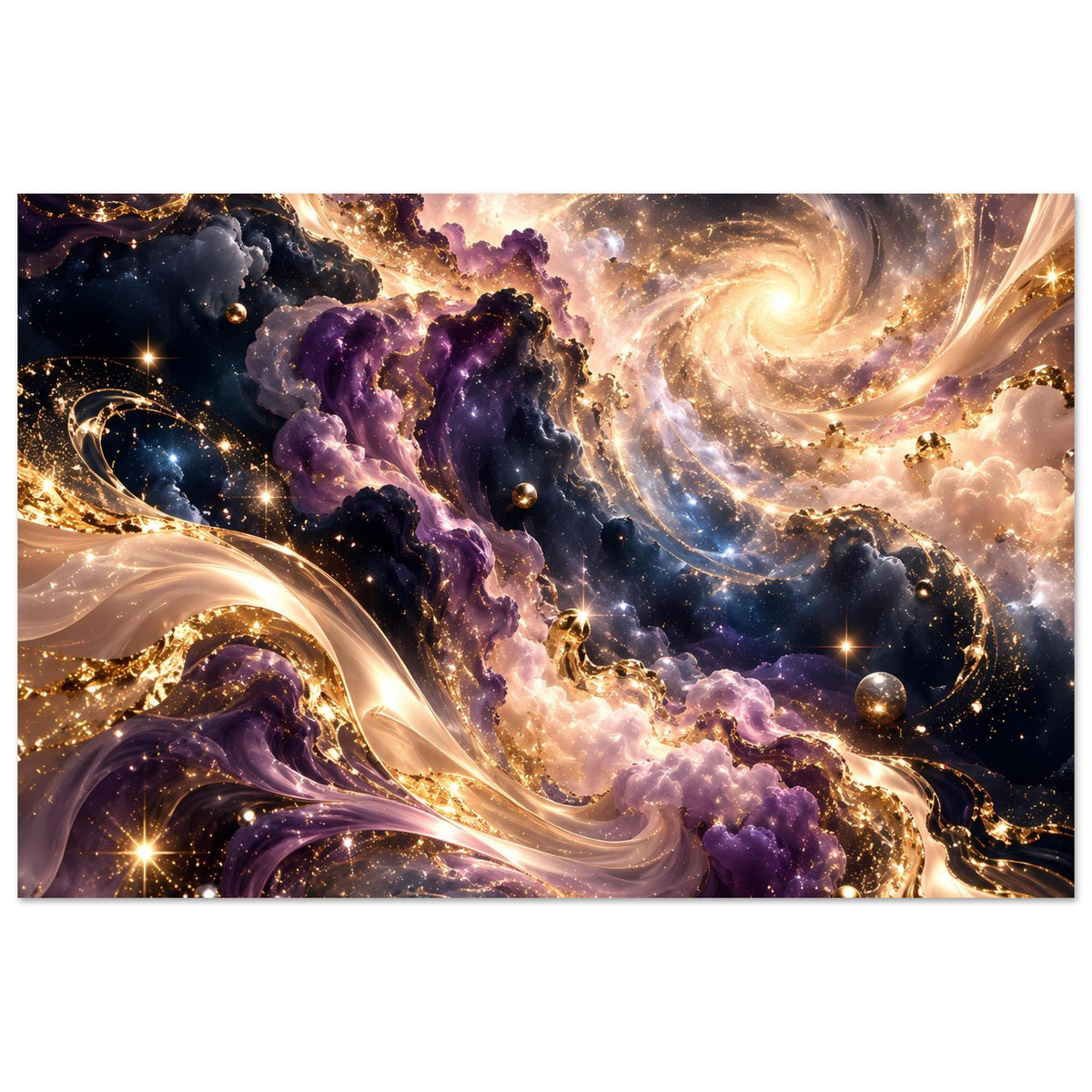 Kunstdruck im Querformat: lichterreicher Weltraumwirbel mit violettem Nebel und funkelnden Sternen.