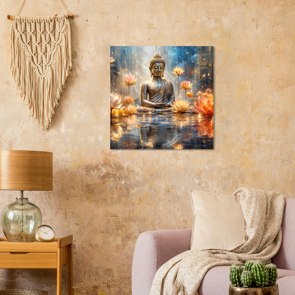 Quadratisches Buddha-Poster mit goldener Sitzfigur, Kerzen und leuchtenden Lotusblüten